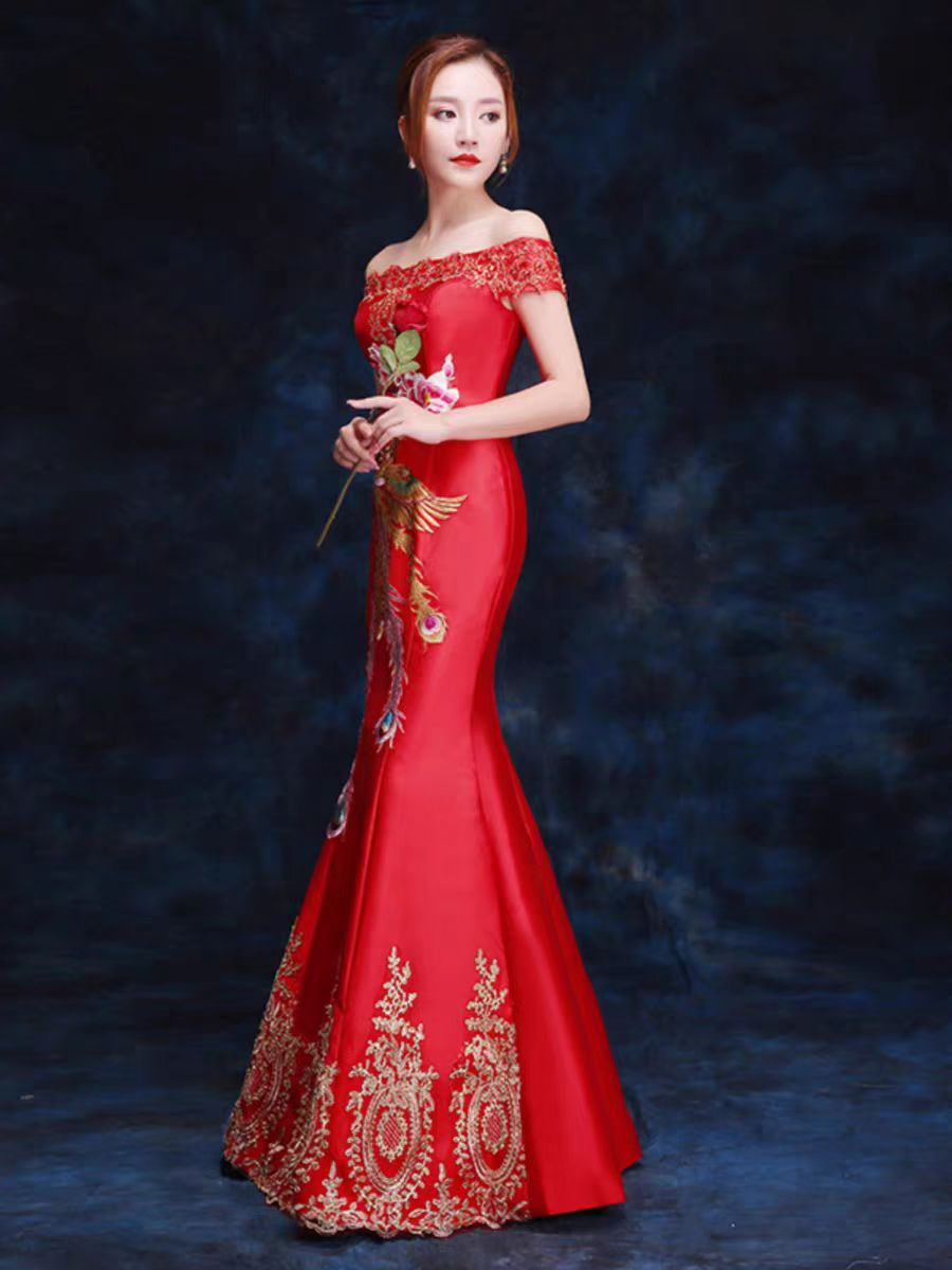 Thumbnail: 11403 Luxury Off-the-Shoulder Mermaid Evening Gown – Chinese Embroidered Wedding