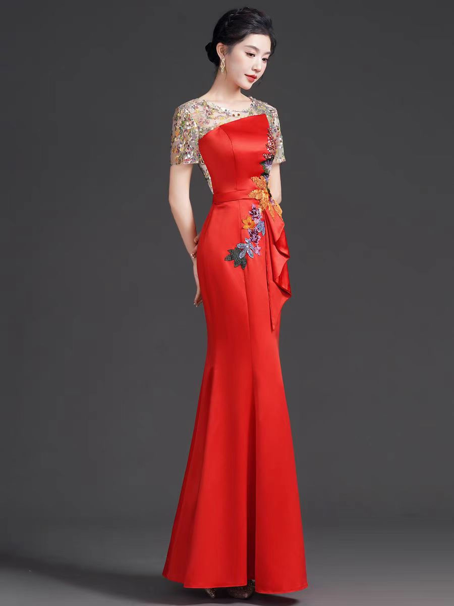 Thumbnail: 11374 RMB368"Chinese Style Fashion Round-Neck Sequin Evening Dress – Red High-En