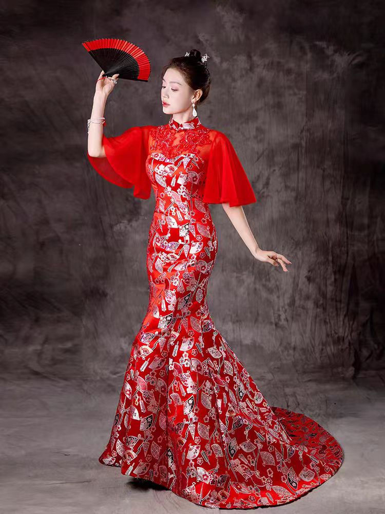 Thumbnail: 11402 Ziyuanxuan High-End Red Embroidered Mermaid Evening Gown – Elegant Train D