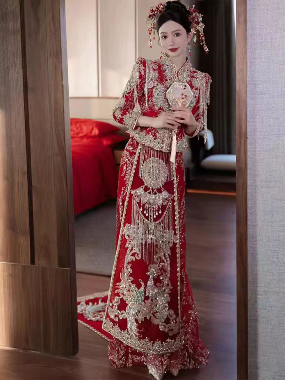 Thumbnail: 55007 Style Red Embroidered Train Xihe Dress, Chinese Bridal Gown with Dragon an
