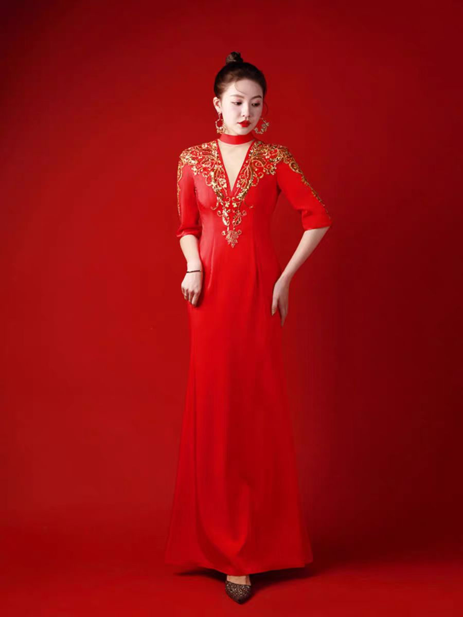 Thumbnail: 11409 ZiYuanXuan Sexy Deep V-Neck Long Gown – Heavy Embellished Beading Elegant