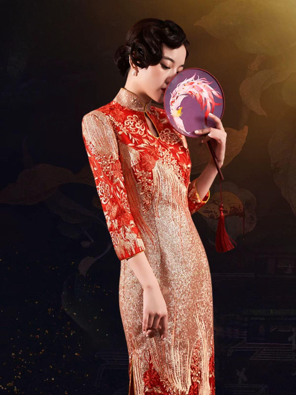 Thumbnail: 88048 Style Bridal Modified Short Qipao, Burgundy Toast Dress, Slim-Fit Chinese