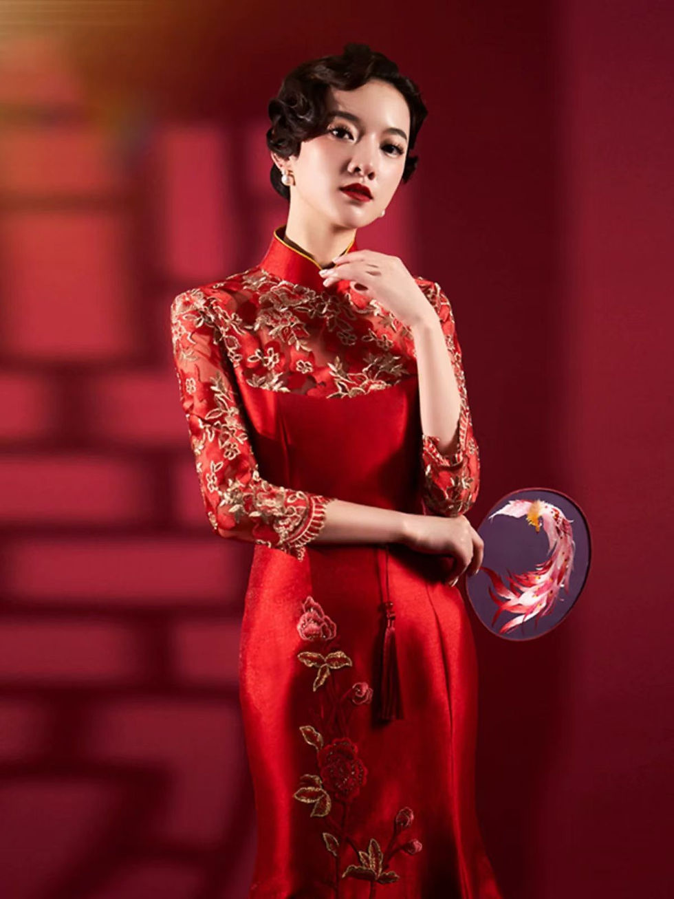 88035 Wine-Red Modified Qipao: Mermaid Tail Bridal Banquet Dress & Xiuhe Suit