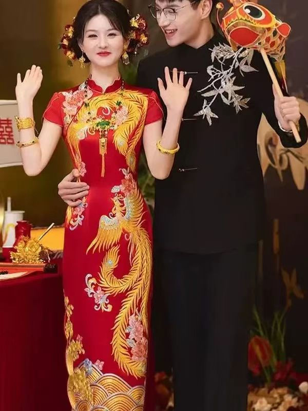 Thumbnail: 66009 Luxury  Qipao with Dragon-Philippines Gold Embroidery | Chinese Wedding Ba