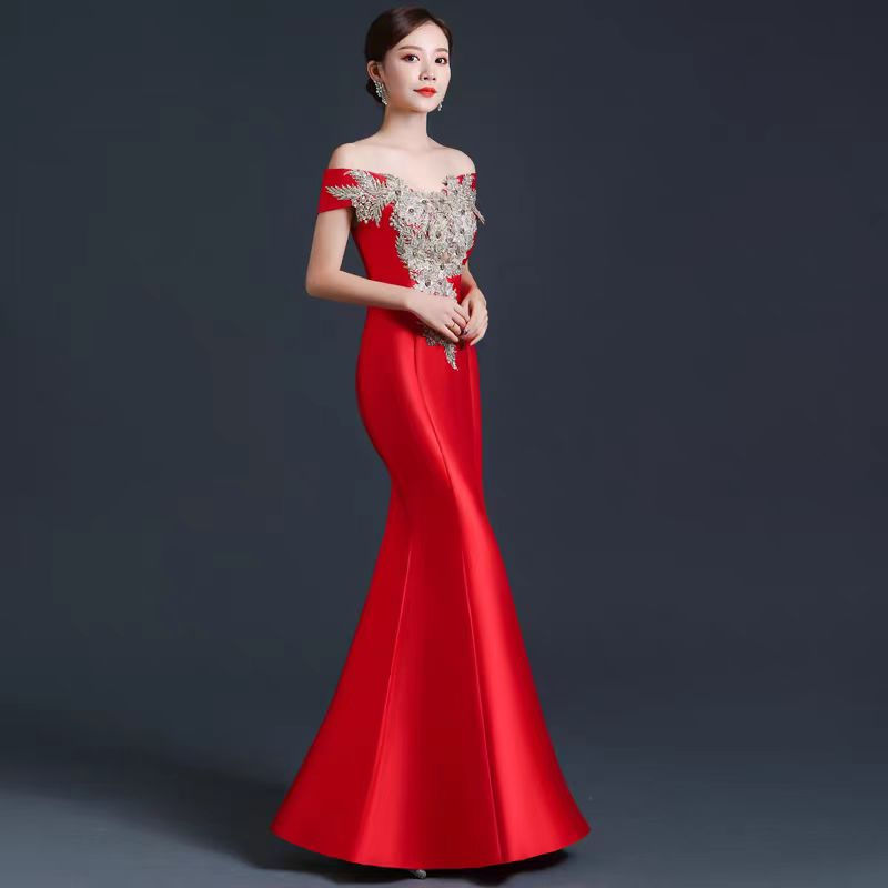 Thumbnail: 11380 Sexy Off-the-Shoulder Evening Gown – Red Mermaid Tail Dress for Banquet,