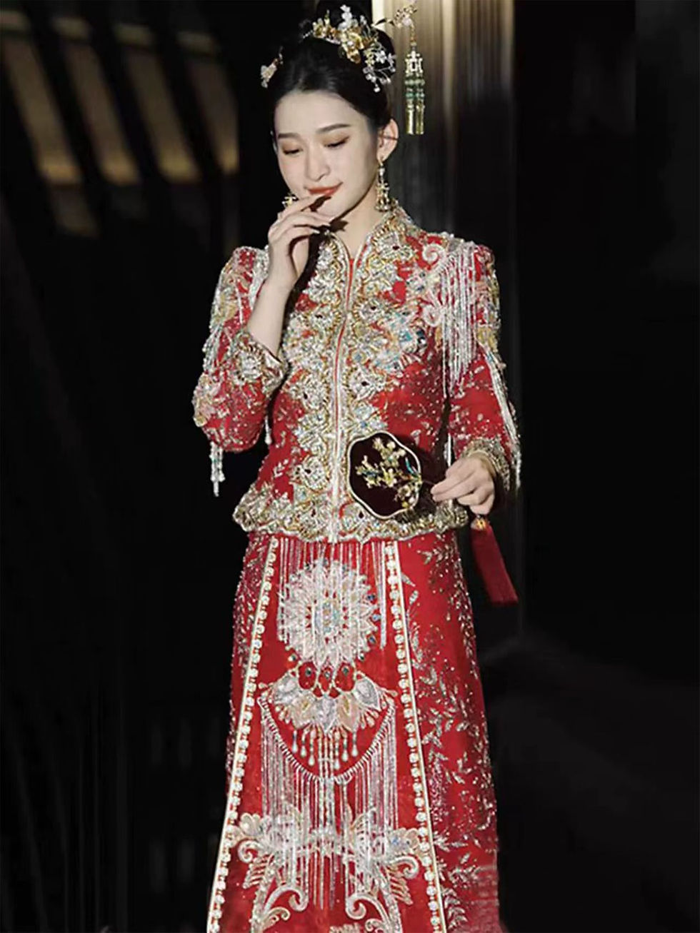 55007 Style Red Embroidered Train Xihe Dress, Chinese Bridal Gown with Dragon an