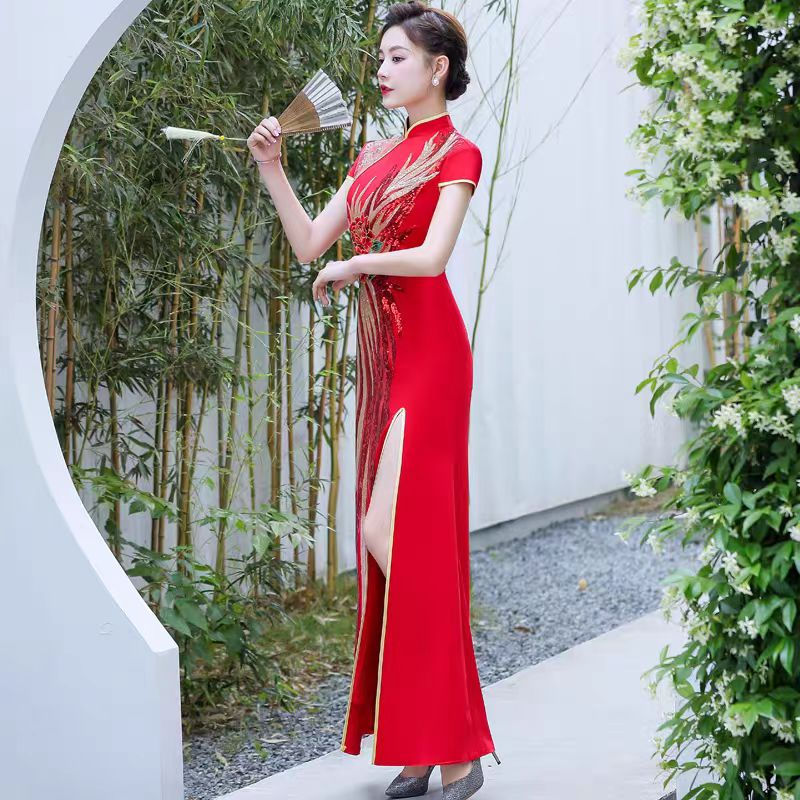 Thumbnail: 11375Chinese Style Mermaid Tail Slim Evening Gown – Red Runway Performance Dress