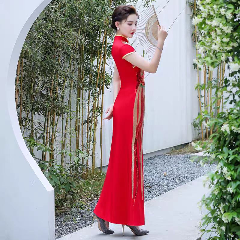 Thumbnail: 11375Chinese Style Mermaid Tail Slim Evening Gown – Red Runway Performance Dress