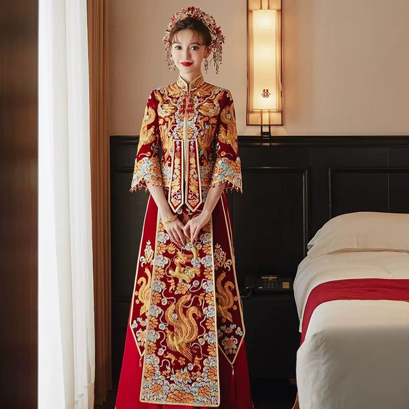Thumbnail: 66032 Style Velvet Dragon Phoenix Xiuhe Gown: Chinese Wedding Dress for Bride