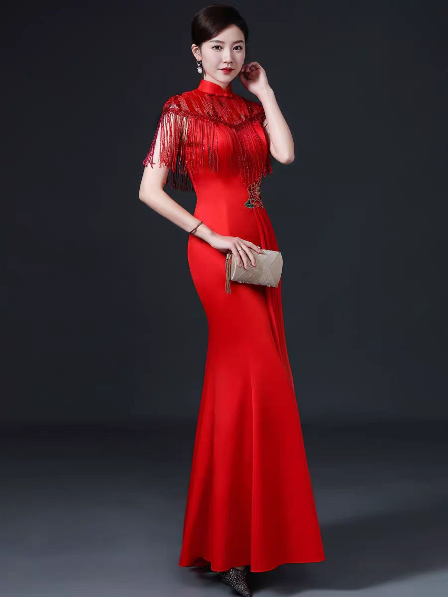 Thumbnail: 11376 Chinese-style Wedding Banquet Dress – Mermaid Qipao, Simple Elegant Red Go