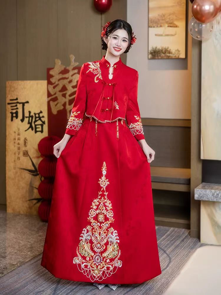 77038 Chinese Style 'Xiuye' Bridal Set: High-End Wedding Dress for Ceremony, Eng