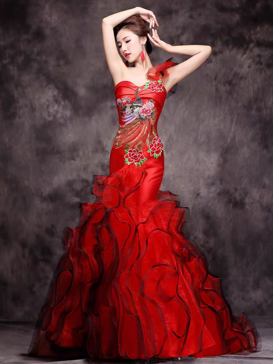 Thumbnail: 11398 Chinese Style One-Shoulder Mermaid Evening Gown with Train – Embroidered S