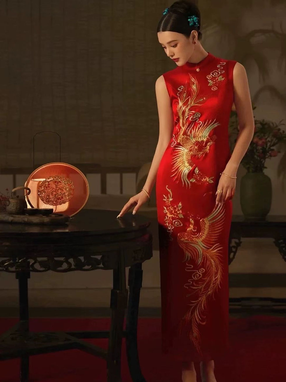Thumbnail: 55049 Custom Modern Qipao Wedding Dress, Heavy Gold-Embroidery Toast Gown for En