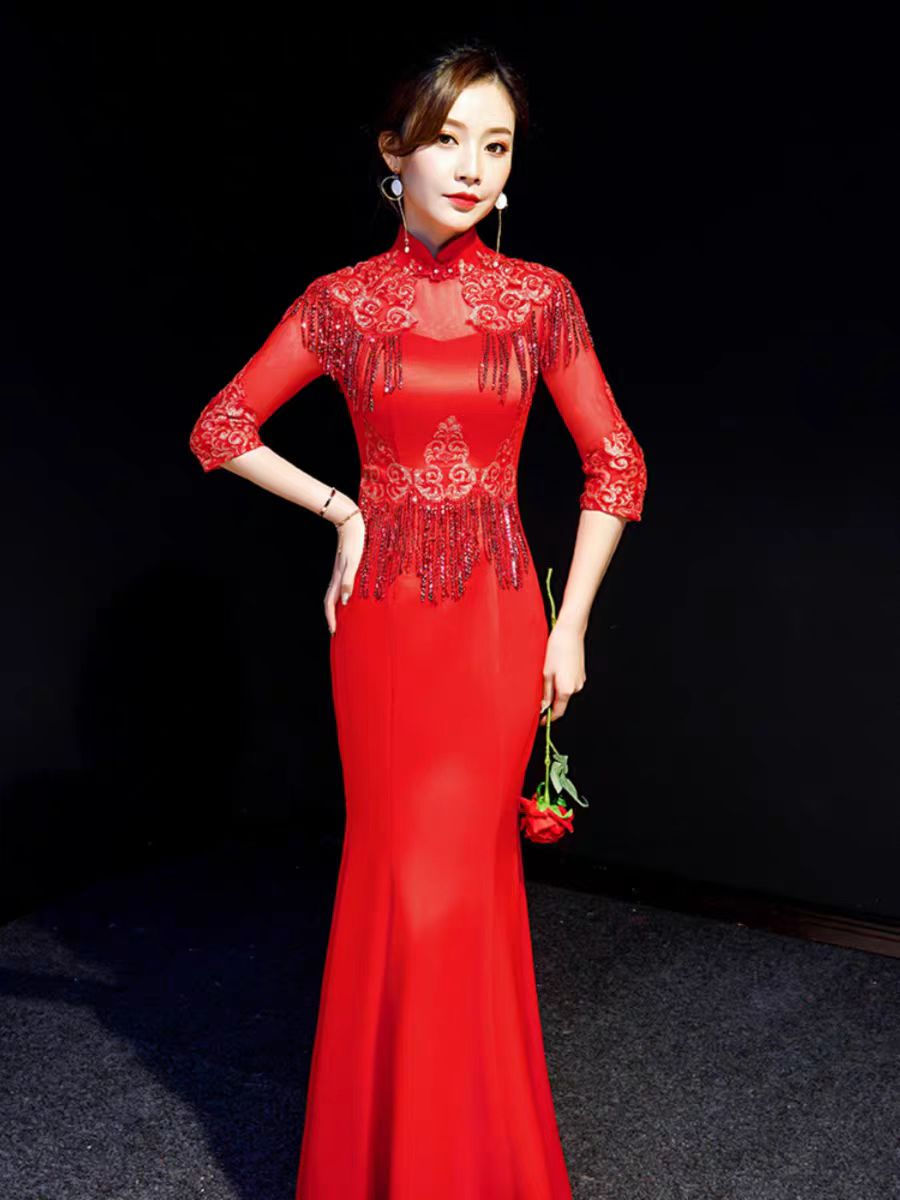 Thumbnail: 11406 Chinese Style Evening Gown - Long Tailored Dress with Heavy Embroidery, Fr
