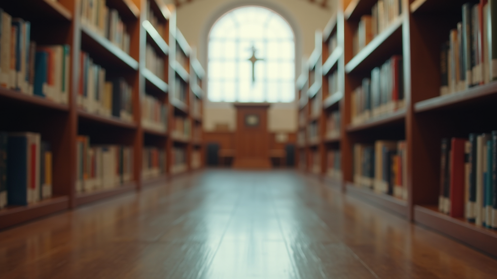 Eye-level view of a church library filled with educational books and resources