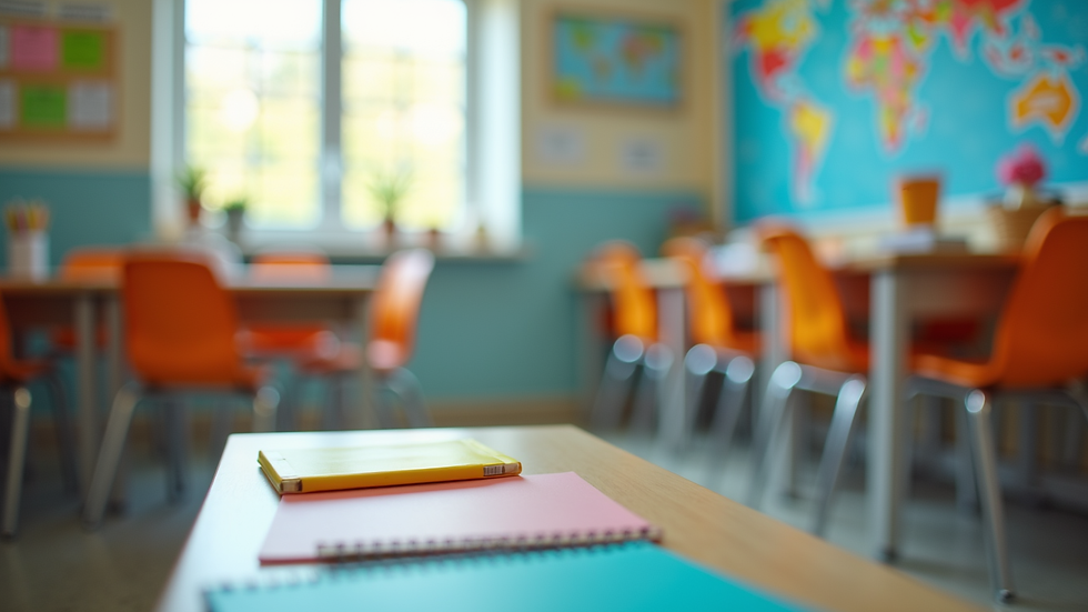 Eye-level view of a colorful classroom filled with educational materials