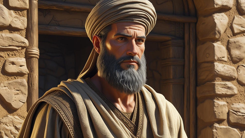 Man wearing a turban and robe stands in front of a stone building, looking serious. The scene has warm lighting and earth tones.