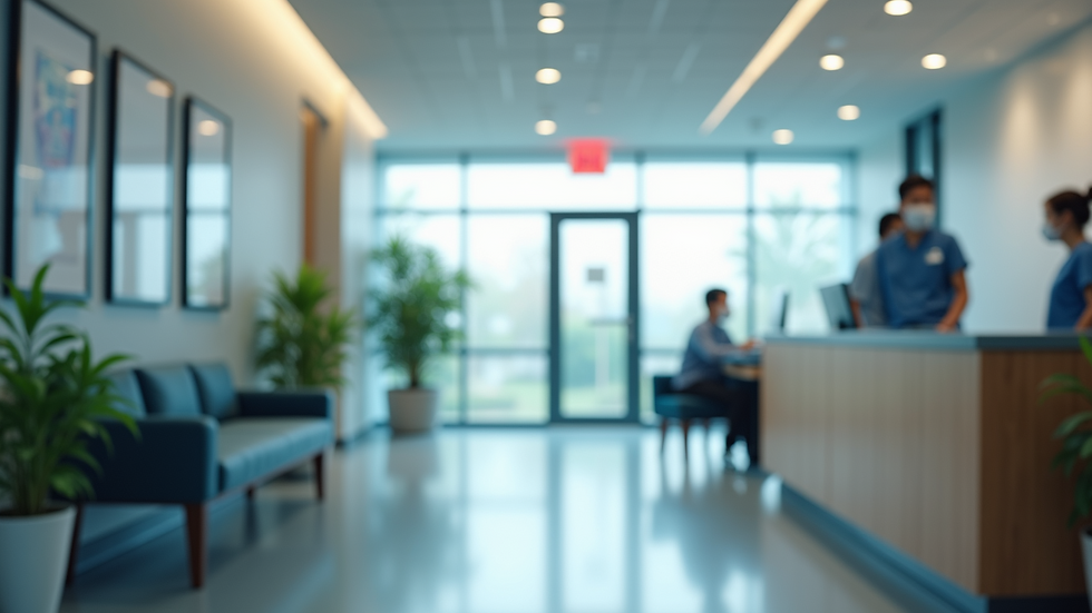 High angle view of clinic reception area with staff ready to assist
