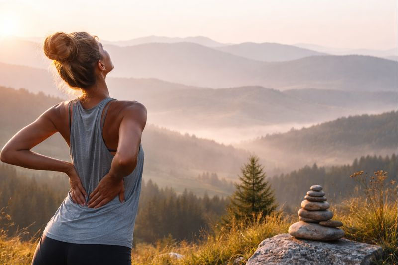 Frau hält sich den Rücken sportlich in der Natur.png