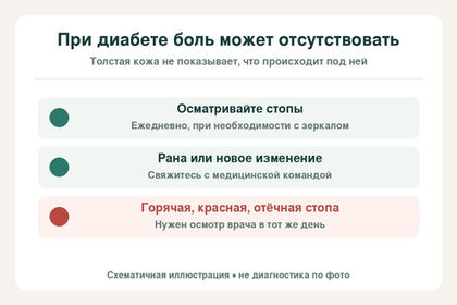 При диабете осматривают стопы и обращаются к врачу при ране, покраснении, жаре и отёке