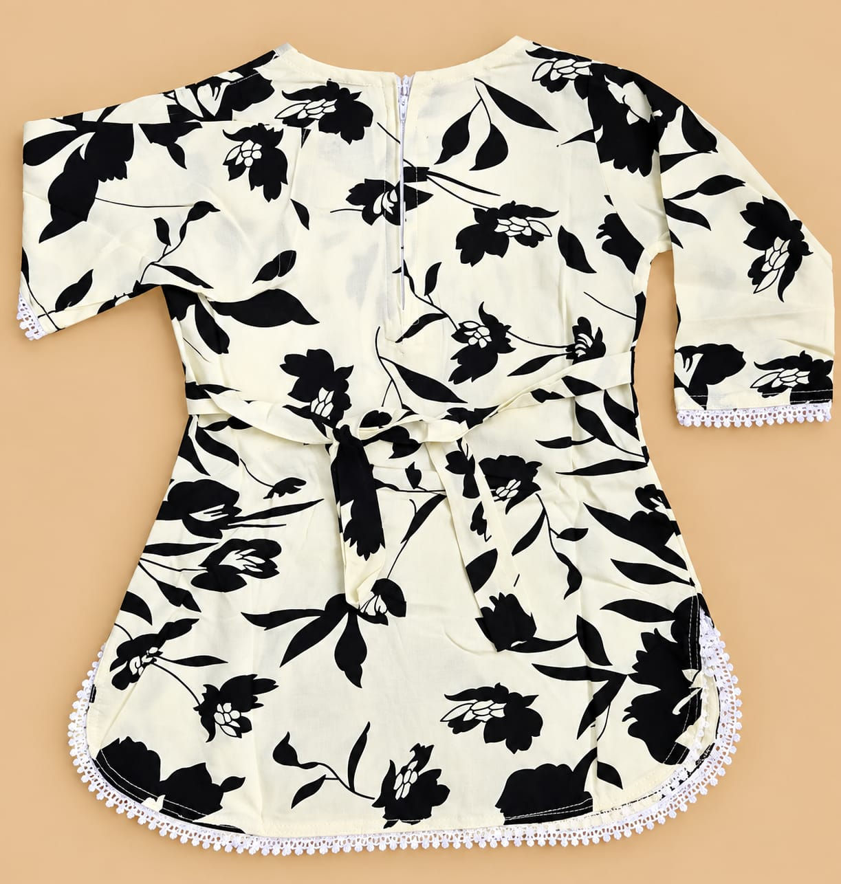 Ziroze Girls Black & White Floral 2-Piece Kurti and Sharara Set with Mirror Work