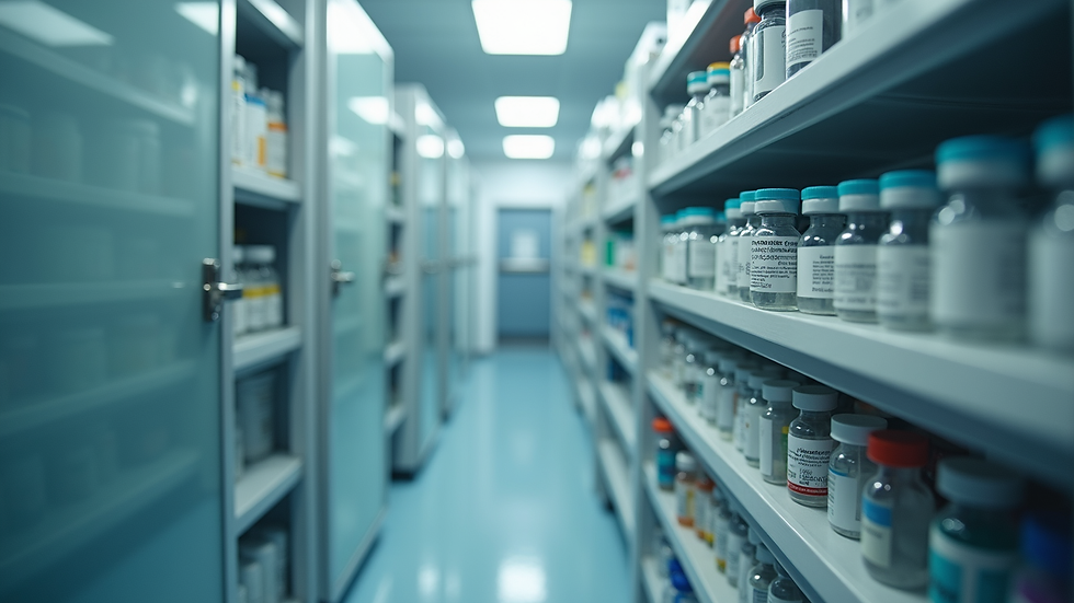 Eye-level view of a veterinary clinic refrigerator with organized vaccine boxes