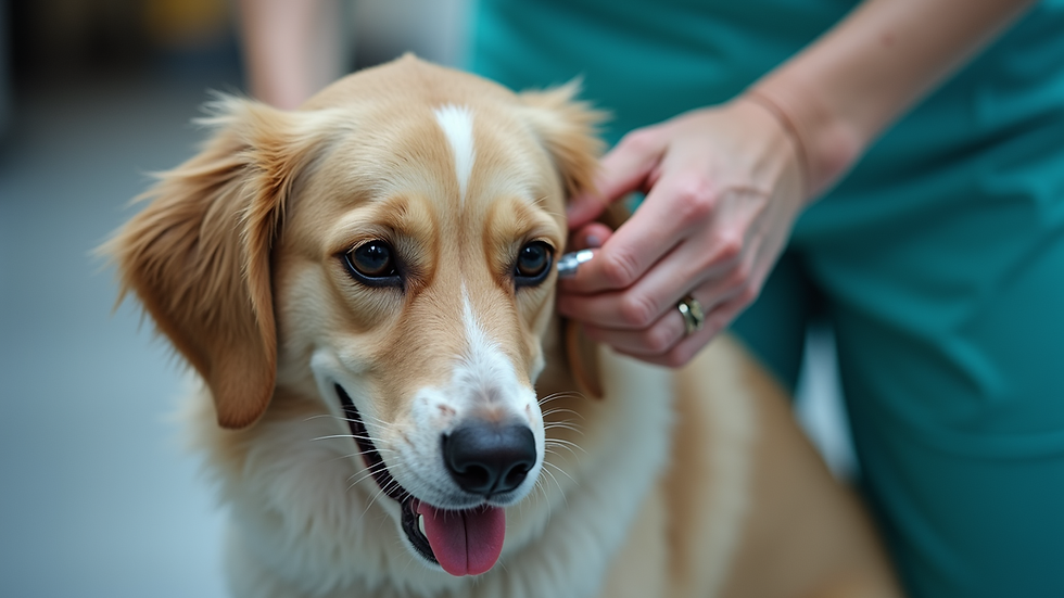 Close-up view of a veterinarian administering a vaccine to a dog