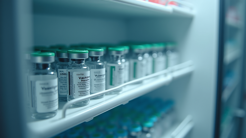 Close-up view of vaccine vials stored in a refrigerated medical cabinet