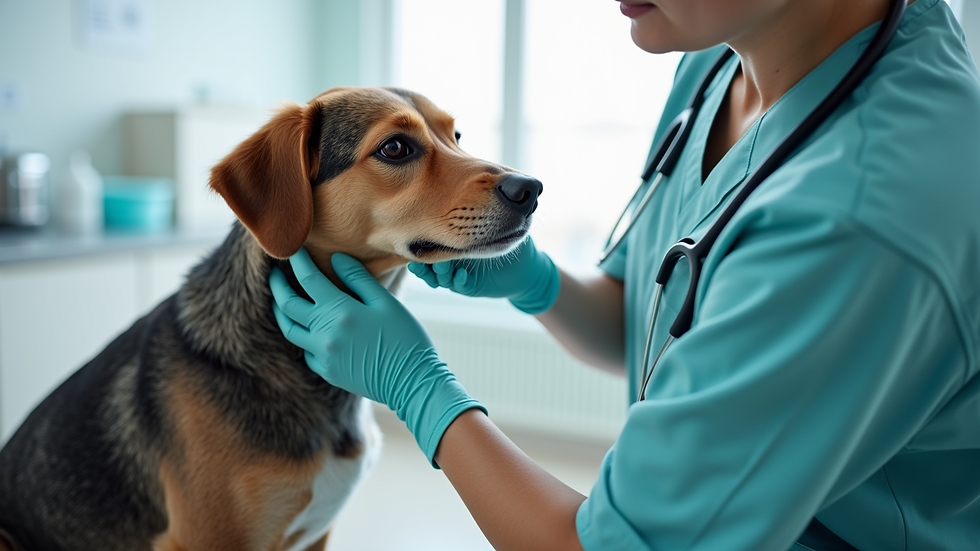 Close-up view of a veterinarian examining a dog in a bright clinic room