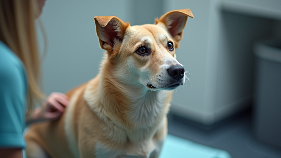 Eye-level view of a dog sitting calmly during vaccination