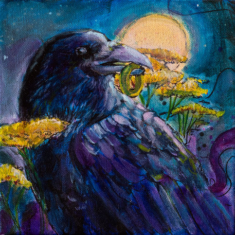 The full moon shines in the night sky a raven looks to the right with a wedding ring in his beak yarrow flowers glow near him in the moonlight.