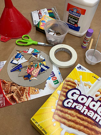 Artists' Exchange Free Crafts Cardboard Mandala matierals for the craft including cardboard, tape, scissors, glue