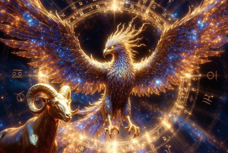 a ram and a golden Phoenix in a light/astrology portal. 