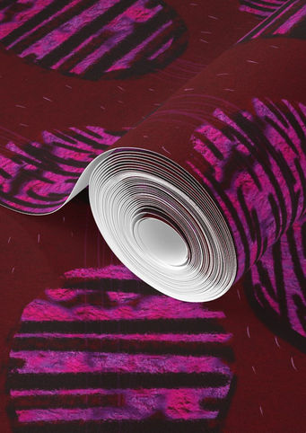 A slightly creased piece of fabric featuring a textured repeating arrangement of oval beaded shapes in fuchsia and purple on a deep red background by lenes_linien.