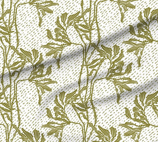 A slightly creased piece of fabric featuring an elegant duotone design of sea kelp fronds in a blockprint style.