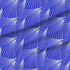 A slightly creased piece of fabric featuring geometric faux-embroidered fanned thorny structures in cobalt blue and cream by lenes_linien.