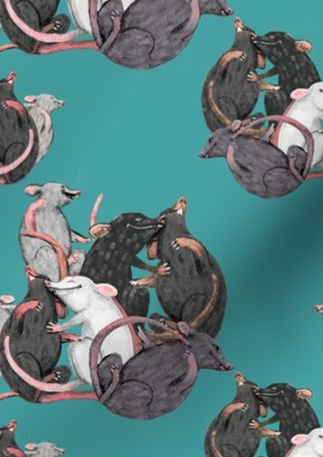 A slightly creased piece of fabric featuring rats tumbling about and cuddling each other.