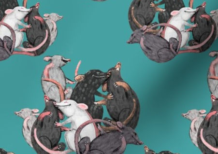 A slightly creased piece of fabric featuring rats tumbling about and cuddling each other.