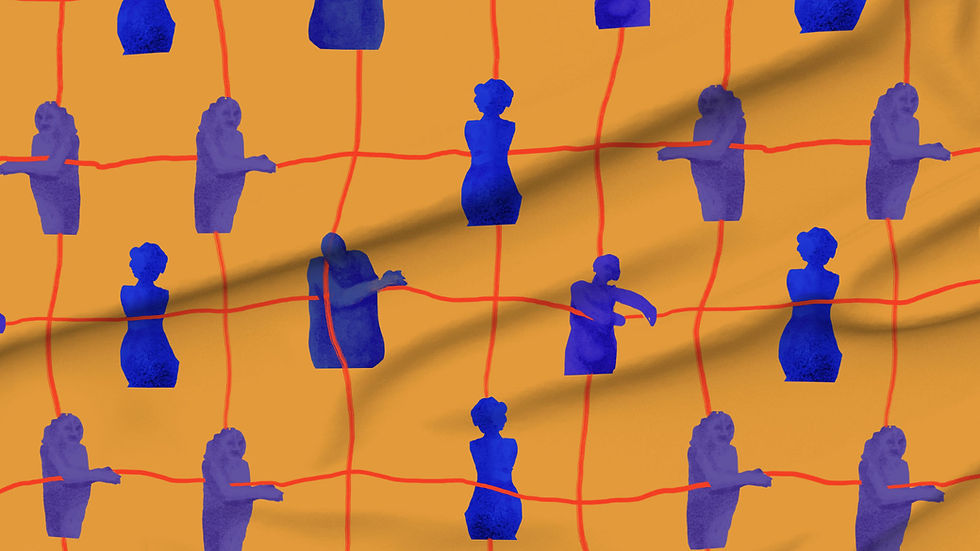 A slightly creased piece of fabric featuring abstract, humanoid shapes on uni color ground, reaching out for each other.