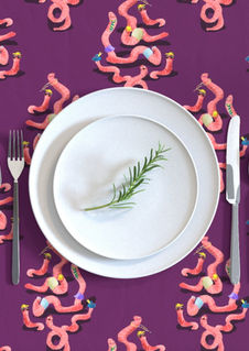 A slightly creased rectangle of fabric showing a lenes_linien design of fun ogee-shaped clusters of characterful earthworms on a unicolored background.