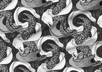 A slightly creased piece of fabric featuring eerie undulating eels intertwined in an enchanted sea kelp forest.