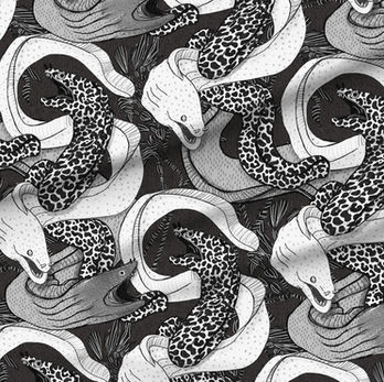 A slightly creased piece of fabric featuring eerie undulating eels intertwined in an enchanted sea kelp forest.