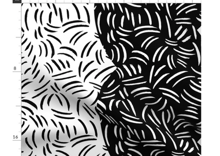 A slightly creased piece of fabric featuring a design of tight undulating wavy columns textured with squiggles in black on white ground by lenes_linien