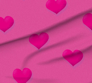 A slightly creased piece of fabric featuring a design of little regularly spaced red hearts on magenta by lenes_linien