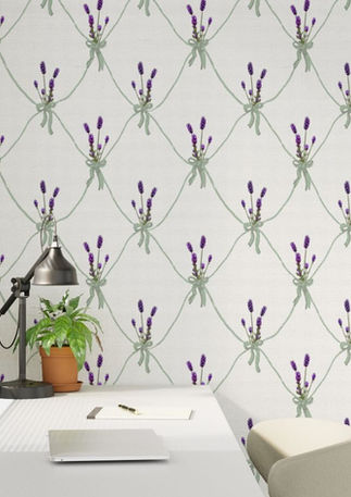 A slightly creased piece of fabric featuring a lavender bouquet design with preppy bows by lenes_linien.