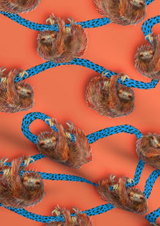 A slightly creased piece of fabric featuring the described design of hand-drawn sloths hanging on lianas.