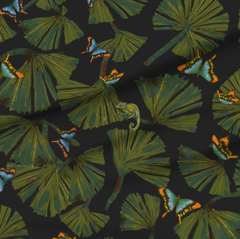 A slightly creased piece of fabric featuring a moody lush jungle foliage design by lenes_linien