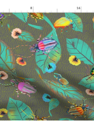 A slightly creased rectangle of fabric showing colorful bugs against muted olive or pewter green background structured by etched light horizontal dashes.