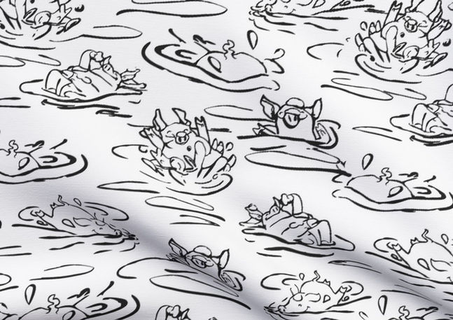 A slightly creased piece of fabric featuring a design of hand-drawn funny pigs splashing about by lenes_linien