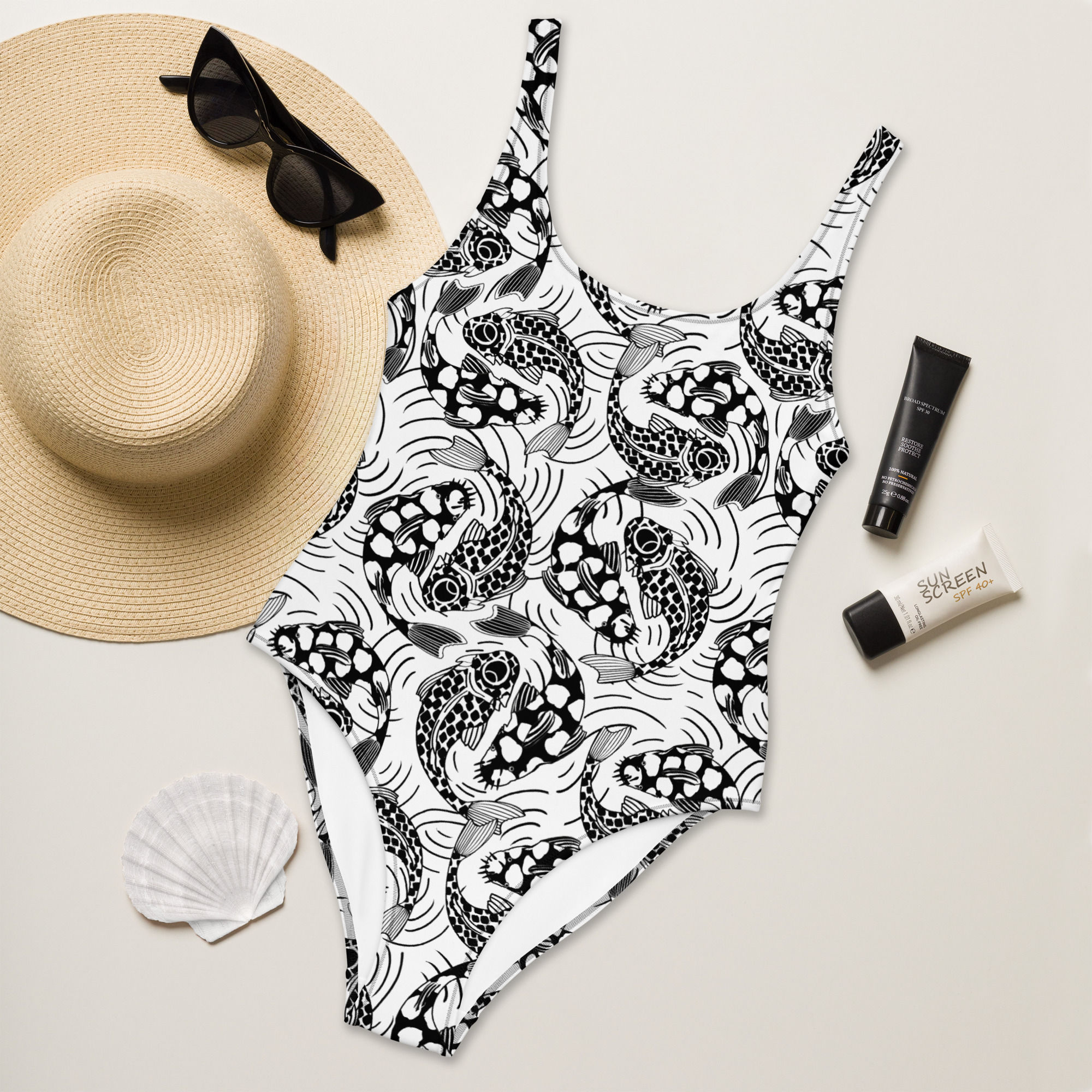 Japandi Catfish One-Piece Swimsuit by lenes_linien